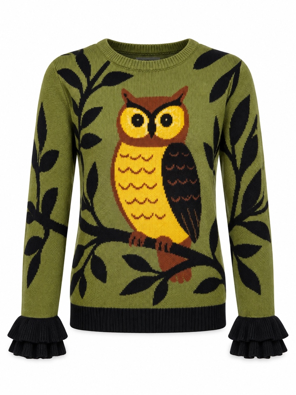 New with Tag! Oxknit Green Owl Jacquard Ruffled Design Sweater Knitwear sz XL - Picture 2 of 7